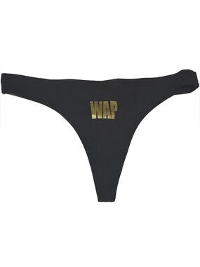 💞 New Women’s Size Large Black Thong Panties with Sparkly Gold “WAP” Graphic